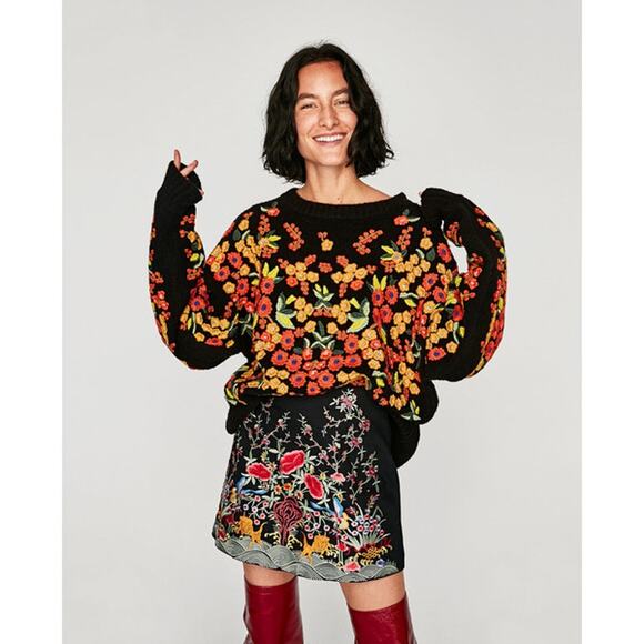 ZARA Black Floral Embroidered Cottagecore High Waist Mini Skirt - Picture 4 of 11